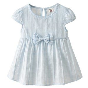 Baby Blue Cap-Sleeve Bowknot Cotton Girl Dress
